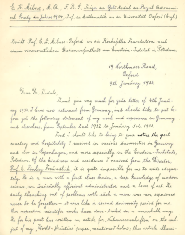 letter from Prof Milne