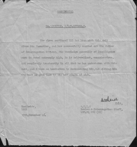 Testimonial of his excellent service during the war