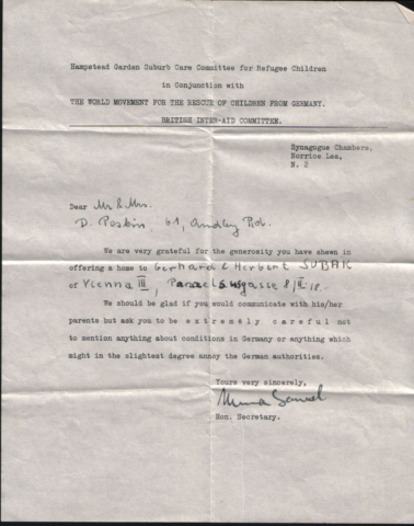 letter to the Peskins thanking them for accepting John