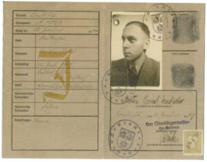Martin's Kencart (ID Card) issued 20th January (stamped 27th January) 1939 by the town of Landshut featuring the "Juden Stamp" with Middle name Israel added to all Jewish men (Martin had no middle name)
