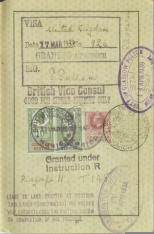 Inside of Martin's German passport showing his visa granted by the British Consul in Munich 17th March 1939 to come to the UK for Training and to leave at the end of his training- Granted for one journey only.
Martin passport is officially stamped arrivals Croydon Airport 7th April 1939 & City of Glasgow Police 14th April 1939