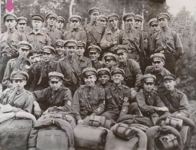 Martin Ansbacher with comrades in Reichsbanner Uniform (pro-democracy anti-Nazi movement) on weekend exercise- 4 of the 30 men was Jewish circa 1931