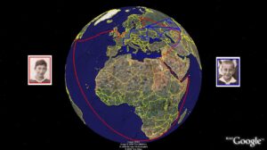 Map of the travels made by Moniek (red) and Moshe (blue) during and after the War